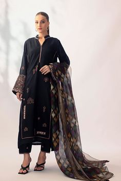 Agnes – Sania Maskatiya International Elegant Churidar With Sheer Dupatta In Tussar Silk, Elegant Tussar Silk Churidar With Sheer Dupatta, Black Cotton Silk Kurta With Resham Embroidery, Black Cotton Silk Kurta For Festive Occasions, Festive Black Cotton Silk Kurta, Eid Tussar Silk Salwar Kameez With Sheer Dupatta, Black Cotton Silk Fitted Kurta, Black Cotton Silk Kurta For Eid, Long Sleeve Raw Silk Kurta With Printed Motifs