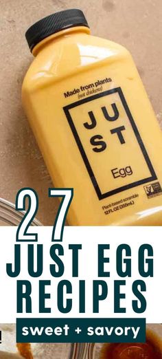 two jugs of just egg recipes next to each other with the title overlay