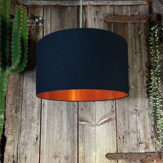 a blue lamp shade hanging from a wooden wall next to cacti and succulents