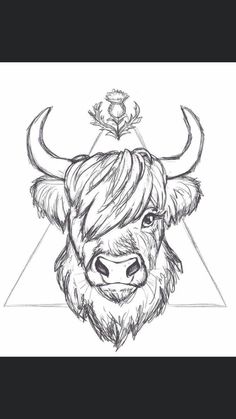 a drawing of a bull's head with an inverted triangle in the middle and a flower on top