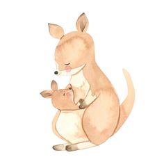 a watercolor painting of a kangaroo and its baby sitting on the back of it's mother