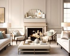 a living room filled with furniture and a fire place in front of a mirror on the wall