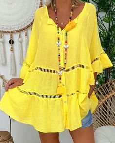 Look Boho Chic, Boho Plus Size, Women Blouses Fashion, Cotton Linen Dresses, Boho Shirts, Maxi Shirt Dress, Button Up Dress, Plus Size Top, Bell Sleeve Dress