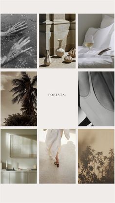 a collage of photos with white and black images in them, including palm trees