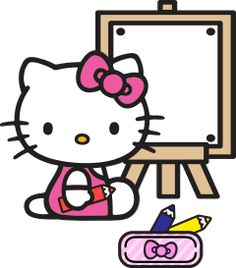 a hello kitty sitting next to an easel with a pencil in it's lap