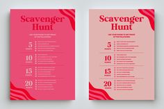 a pink and red brochure with information for the scavenger hunt on it