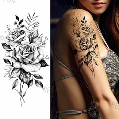 a woman's arm with flowers and leaves on it, next to an image of the