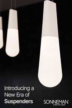 an advertisement for a new era of suspension lamps by sonnenman, featuring three hanging lights