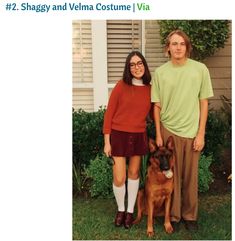 two people and a dog posing for a photo in front of a house with the caption shaggy and velma costume via