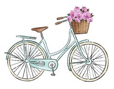 a blue bicycle with pink flowers in the basket