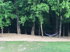 there is a hammock in the middle of some trees and sand on the ground