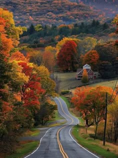 an empty road surrounded by trees with autumn foliage on both sides and a house in the distance