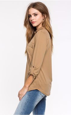 Turn Down Collar Long Sleeve Pocket Shirt - Uniqistic.com Classic V-neck Tops With Pockets, Casual Blouse With Roll-up Sleeves And Shirttail Hem, Casual Tops With Roll-up Sleeves And Shirttail Hem, Versatile Solid Color Collared Shirt, Versatile Collared Shirt, Everyday Collared Tops For Fall, Versatile Fall Blouse With Roll-up Sleeves, Solid Color Long Sleeve Shirt With Rolled Sleeves, Everyday Collared Shirt With Roll-up Sleeves