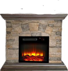 an electric fireplace is shown with the fire burning in it's side and top