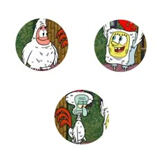 three buttons with cartoon characters on them