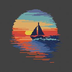 a cross stitch pattern with a sailboat on the water in front of an orange and blue sunset