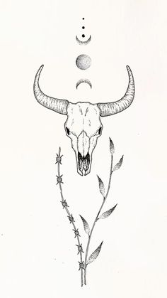 a drawing of a bull's head with long horns and moon phases above it