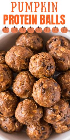 pumpkin protein balls in a white bowl with text overlay