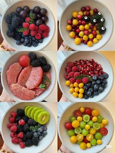 six pictures of different fruits and vegetables in white bowls