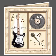 a card with an electric guitar, music notes and other musical instruments on it's side