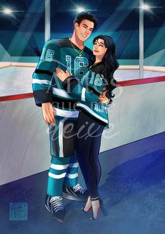 a painting of a couple hugging on the ice at an indoor rink with lights in the background