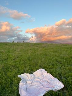 a blanket laying on the ground in a grassy field under a cloudy blue and pink sky