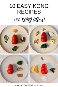 four different plates with food on them and the words, 10 easy kong recipes + 100 kgn files