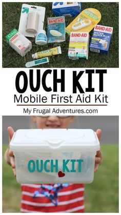 an advertisement for the mobile first aid kit in front of a child holding it up