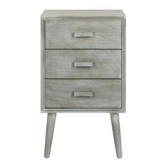 a grey wooden nightstand with two drawers on one side and three legs in the other