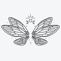 a black and white drawing of a butterfly's wings with the sun in the background