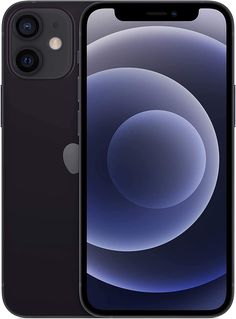 an iphone 12 is shown in black with the camera facing towards the front and back