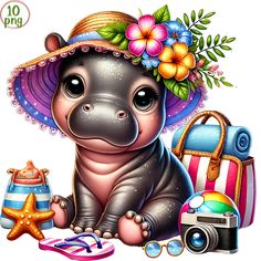 a baby hippo wearing a sun hat sitting next to luggage and a starfish