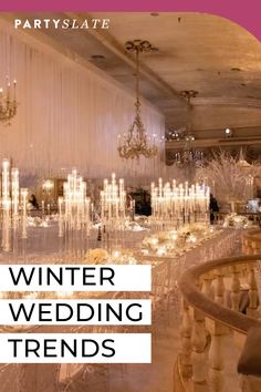 an elegant winter wedding with chandeliers and white tablecloths is featured in this postcard