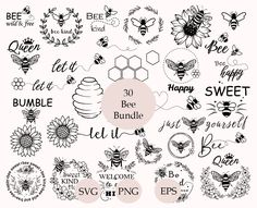 the bee bundle is shown in black and white, including bees, honeycombs, flowers