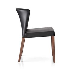 a black leather chair with wooden legs and backrests on an isolated white background