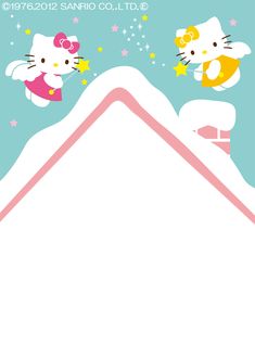 two hello kitty cartoon characters on top of a house