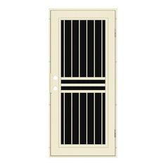 a white door with bars on the side and black bars on the top, against a white background