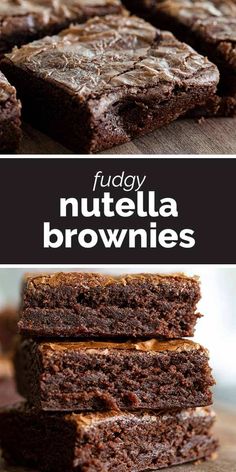 chocolate fudge nutella brownies stacked on top of each other with text overlay