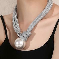 New Silver Faux Pearl Decor Necklace Big Pearl Necklace, Multi Layer Necklace Beads, Chunky Chain Necklaces, Pearl Decor, Statement Choker Necklace, Faux Pearl Necklace, Rope Necklace, Pearl Pendant Necklace, Multi Strand Necklace