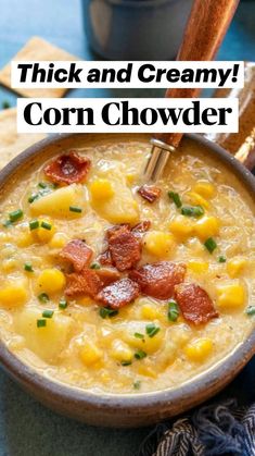 a bowl filled with corn chowder and topped with bacon