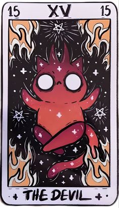 the devil taroti card is shown in red and black with stars on it