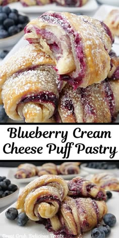 blueberry cream cheese puff pastry is stacked on top of each other