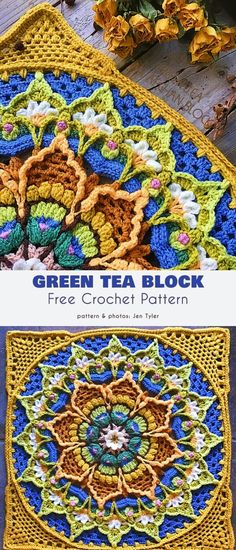 two crocheted rugs with flowers on them and the words green tea block written in