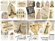 the collage has many different types of tags and tags on it, including one with an eiffel tower