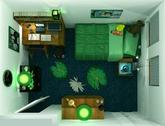 this is an overhead view of a bedroom with green decorations on the walls and floor