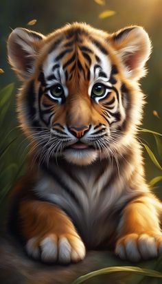 a painting of a tiger cub sitting in the grass