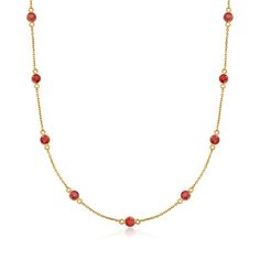 Ross-Simons - 3.10ct t. w. Ruby Station Necklace in 18kt Gold Over Sterling. 18". An RS exclusive. Make your layers memorable with our classic station necklace featuring 3.10 ct. t. w. round rubies. Finely crafted in polished 18kt yellow gold over sterling silver. Cable chain with a 2" extender. Perfect for July babies! Springring clasp, ruby station necklace. Ruby birthstones are the perfect gift for July birthdays. Necklace Ruby, Ruby Birthstone, Fine Jewelery, Ruby Necklace, Jewelry Essentials, Ruby Stone, Station Necklace, Fine Jewellery Necklace, Cable Chain