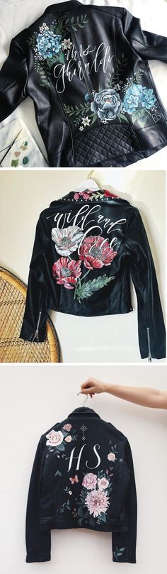 Painted leather jackets | hand painted jacket | illustration on jacket | flower leather jacket Jacket Illustration, Hand Painted Jacket, Painted Leather Jacket, Hand Painted Clothing, Painted Jacket, Painted Denim, A Jacket, Painted Clothes, Painting Leather