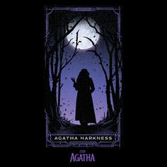 the poster for agathha harkness's upcoming album, which features an image of a woman standing in front of a full moonlit forest