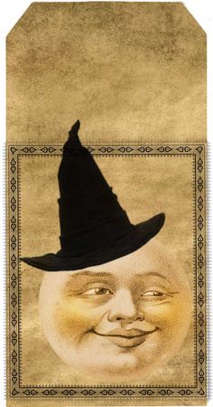 a portrait of a smiling man wearing a witches hat on top of a paper card